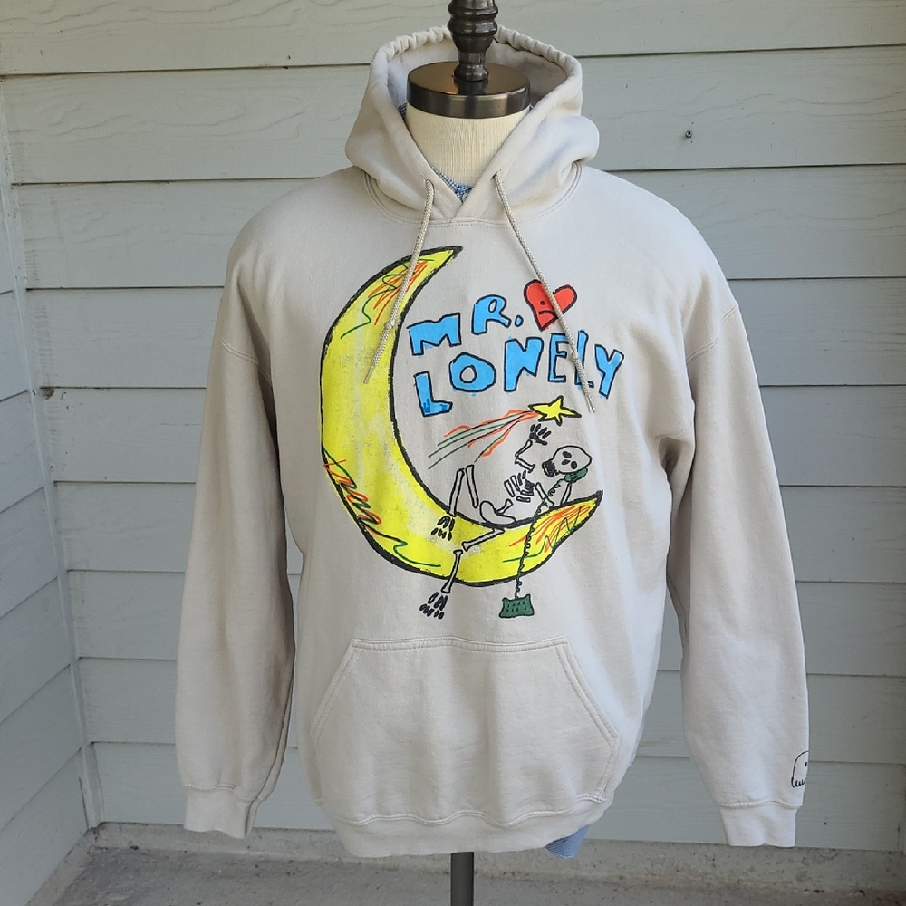 LONELY GHOST Moon Skeleton Pattern Beige‎ Large Mens Hoodie Sweater Sweatshirt